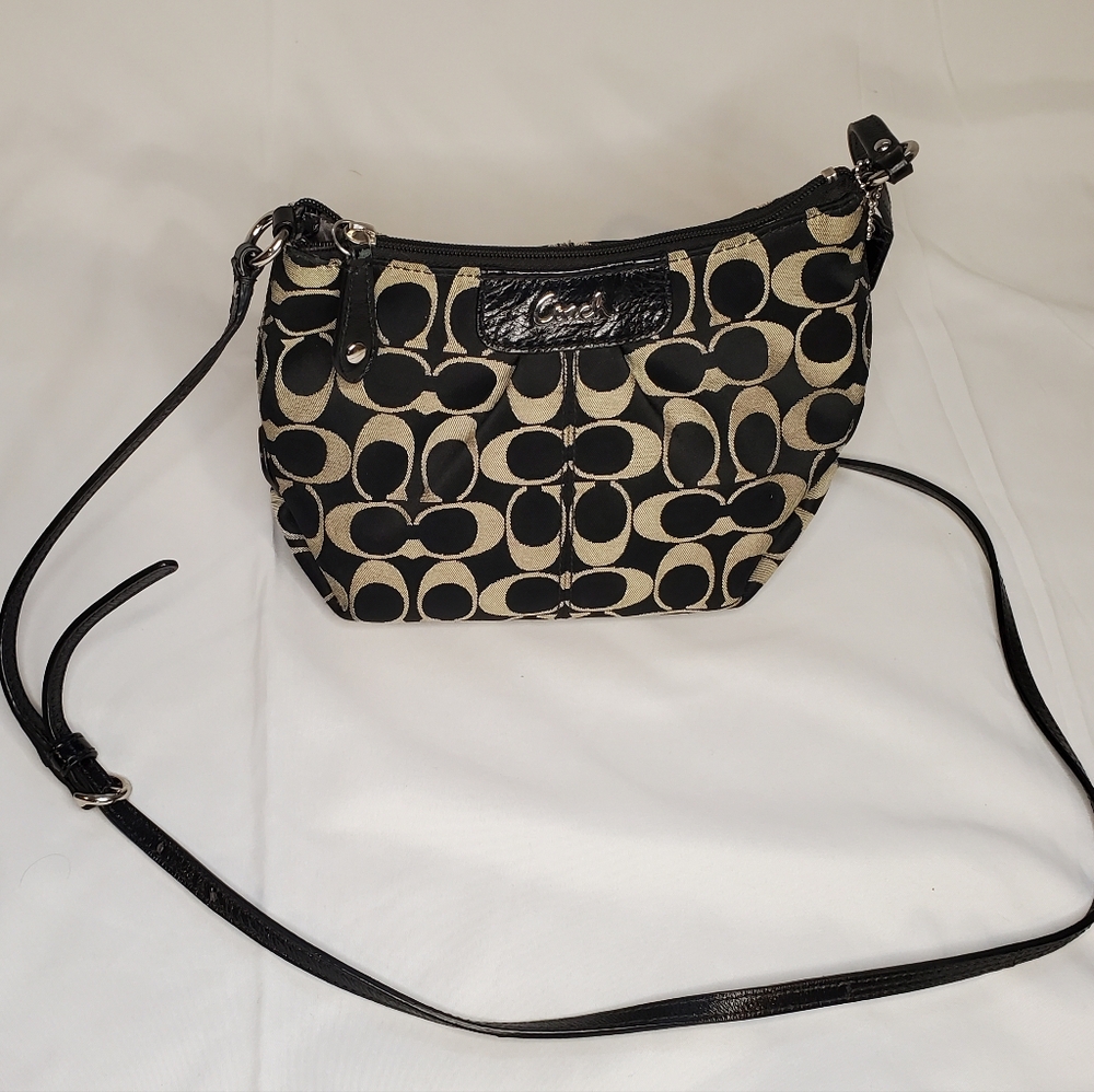 Coach Ashley signature jacquard patent leather mini Boho crossbody, excellent co